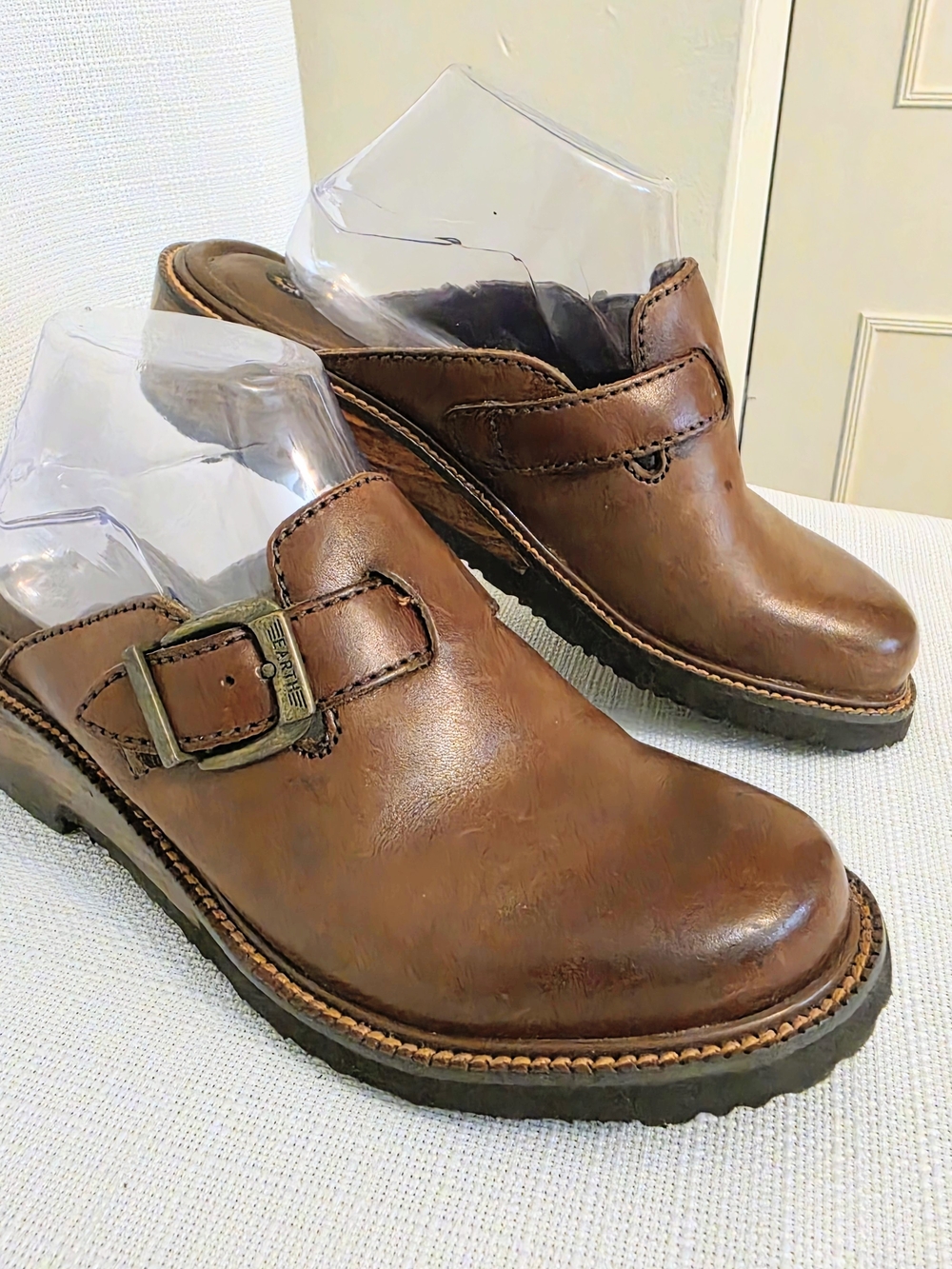 Earth Shoe Leather Mule Clog Wm 9 Buckle Strap Adjust Low Wood Heel Slip On Casu